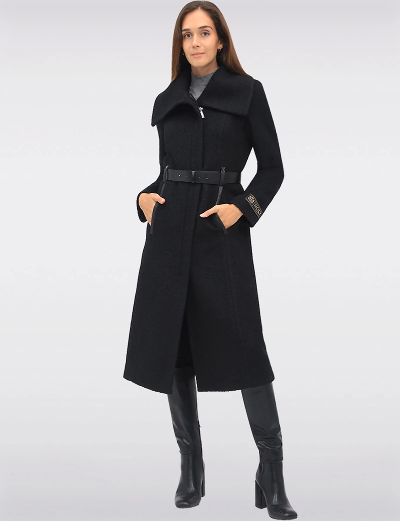 Jenny Long Straight Cut Boucle Twill Coat Vegan Leather Belt and Trim by Sicily
