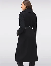 Jenny Long Straight Cut Boucle Twill Coat Vegan Leather Belt and Trim by Sicily