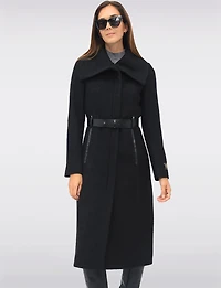 Jenny Long Straight Cut Boucle Twill Coat Vegan Leather Belt and Trim by Sicily