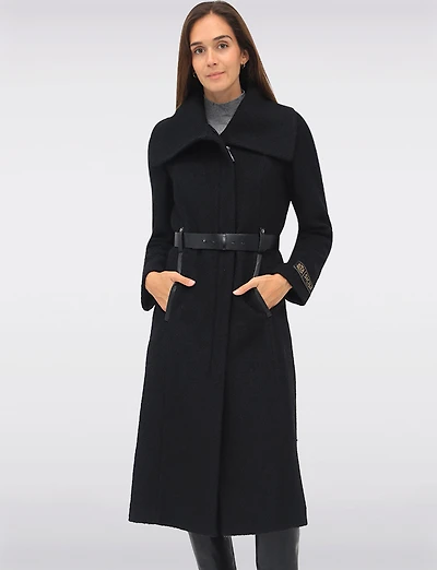 Jenny Long Straight Cut Boucle Twill Coat Vegan Leather Belt and Trim by Sicily