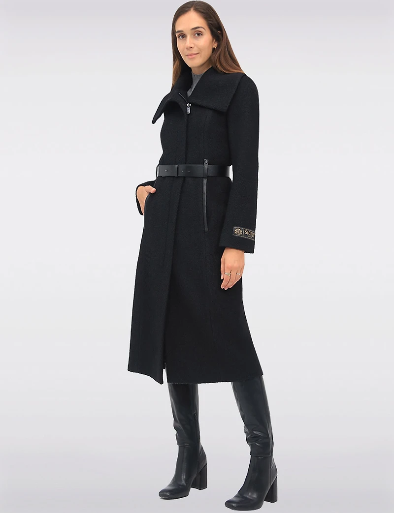 Jenny Long Straight Cut Boucle Twill Coat Vegan Leather Belt and Trim by Sicily