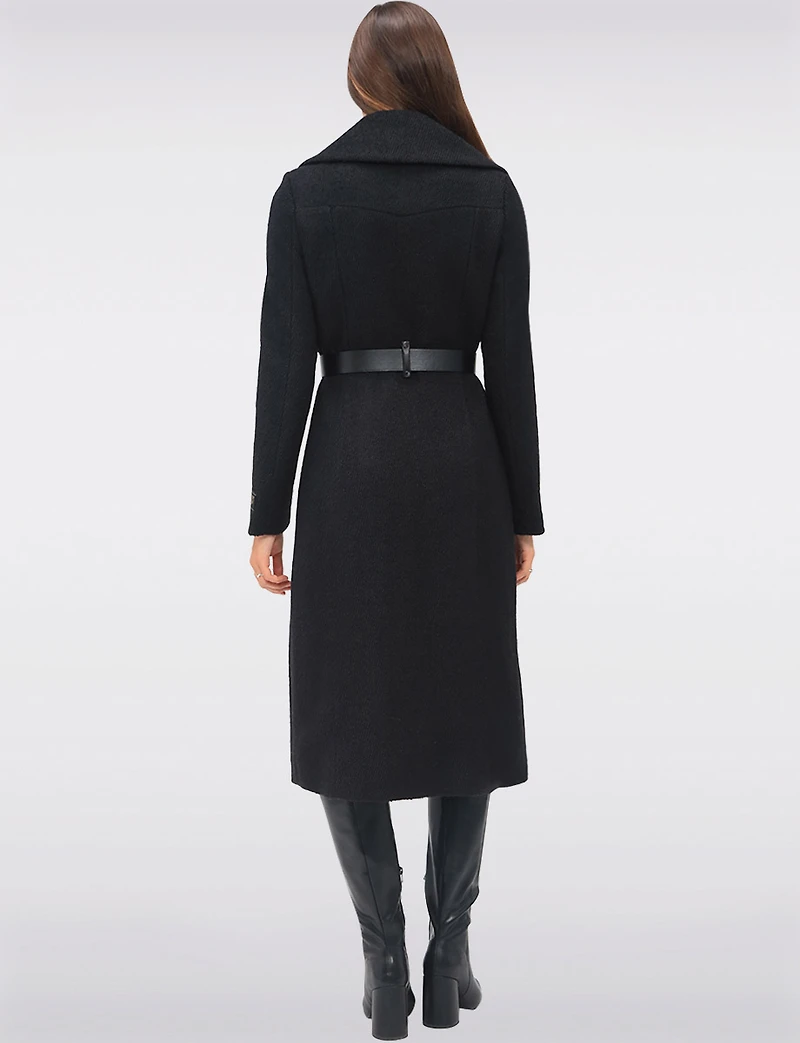 Jenny Long Straight Cut Boucle Twill Coat Vegan Leather Belt and Trim by Sicily
