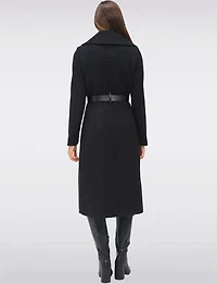 Jenny Long Straight Cut Boucle Twill Coat Vegan Leather Belt and Trim by Sicily