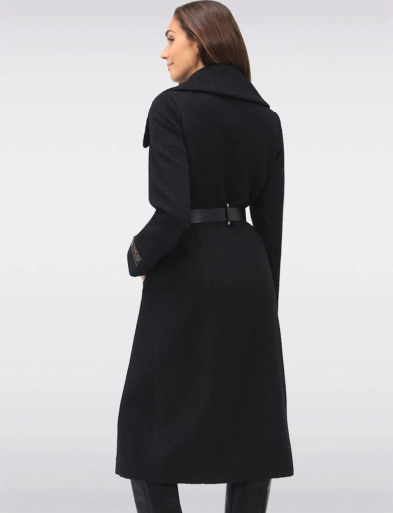 Jenny Long Straight Cut Boucle Twill Coat Vegan Leather Belt and Trim by Sicily