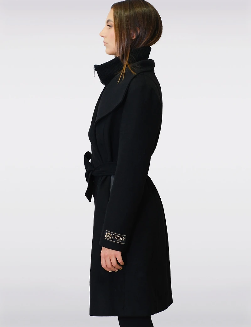 Long Wool-Blend Trench Coat - Belted with Notch Collar &  Inner Bib by Sicily