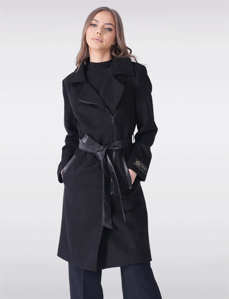 Long Wool-Blend Belt Trench Coat with Detachable Hooded Puffer Bib by Sicily