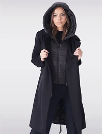 Long Wool-Blend Belt Trench Coat with Detachable Hooded Puffer Bib by Sicily