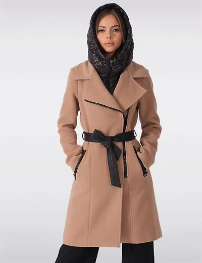 Long Wool-Blend Belt Trench Coat with Detachable Hooded Puffer Bib by Sicily