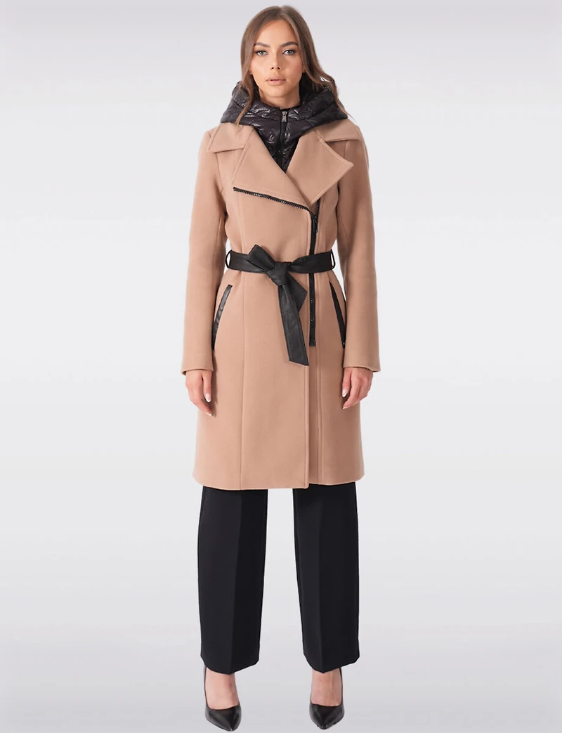 Long Wool-Blend Belt Trench Coat with Detachable Hooded Puffer Bib by Sicily