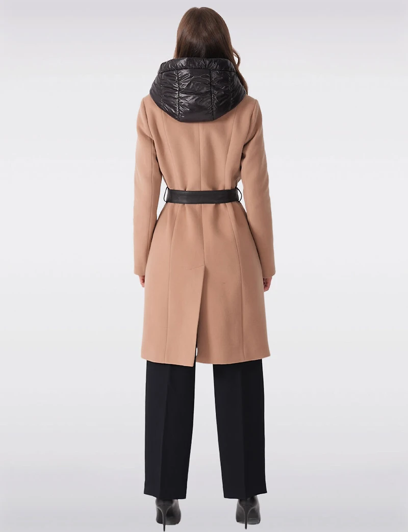 Long Wool-Blend Belt Trench Coat with Detachable Hooded Puffer Bib by Sicily