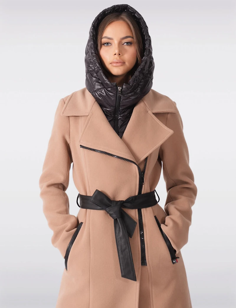 Long Wool-Blend Belt Trench Coat with Detachable Hooded Puffer Bib by Sicily