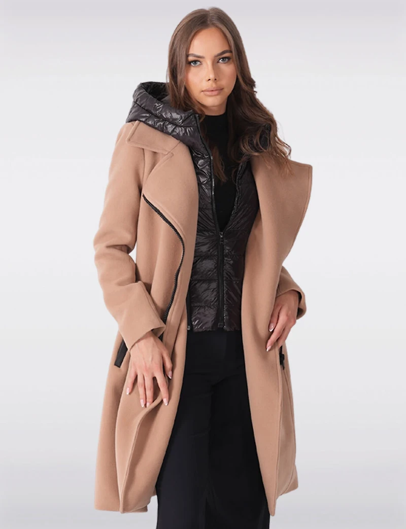 Long Wool-Blend Belt Trench Coat with Detachable Hooded Puffer Bib by Sicily