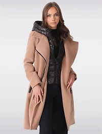 Long Wool-Blend Belt Trench Coat with Detachable Hooded Puffer Bib by Sicily