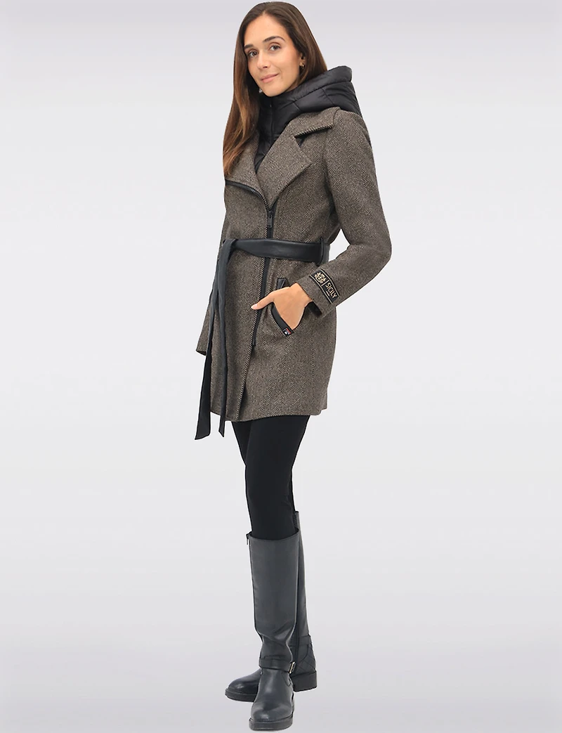 Removable Puffer Hood & Vegan Leather Belt Herringbone Wool Blend Coat by Sicily