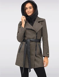 Removable Puffer Hood & Vegan Leather Belt Herringbone Wool Blend Coat by Sicily