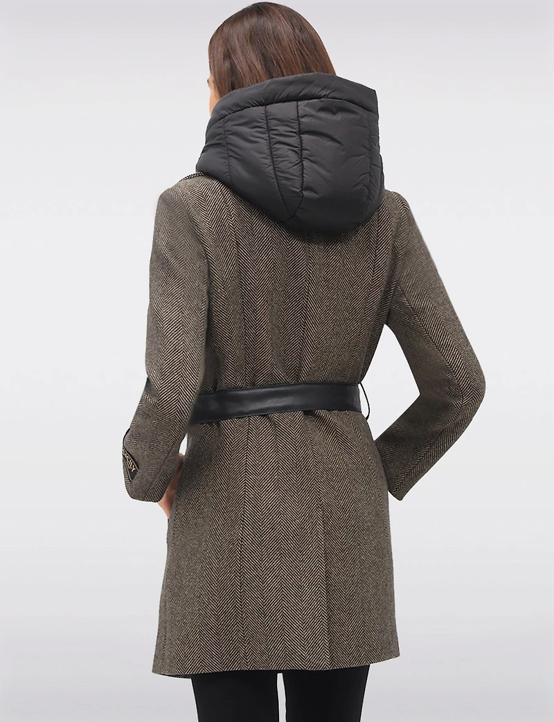 Removable Puffer Hood & Vegan Leather Belt Herringbone Wool Blend Coat by Sicily