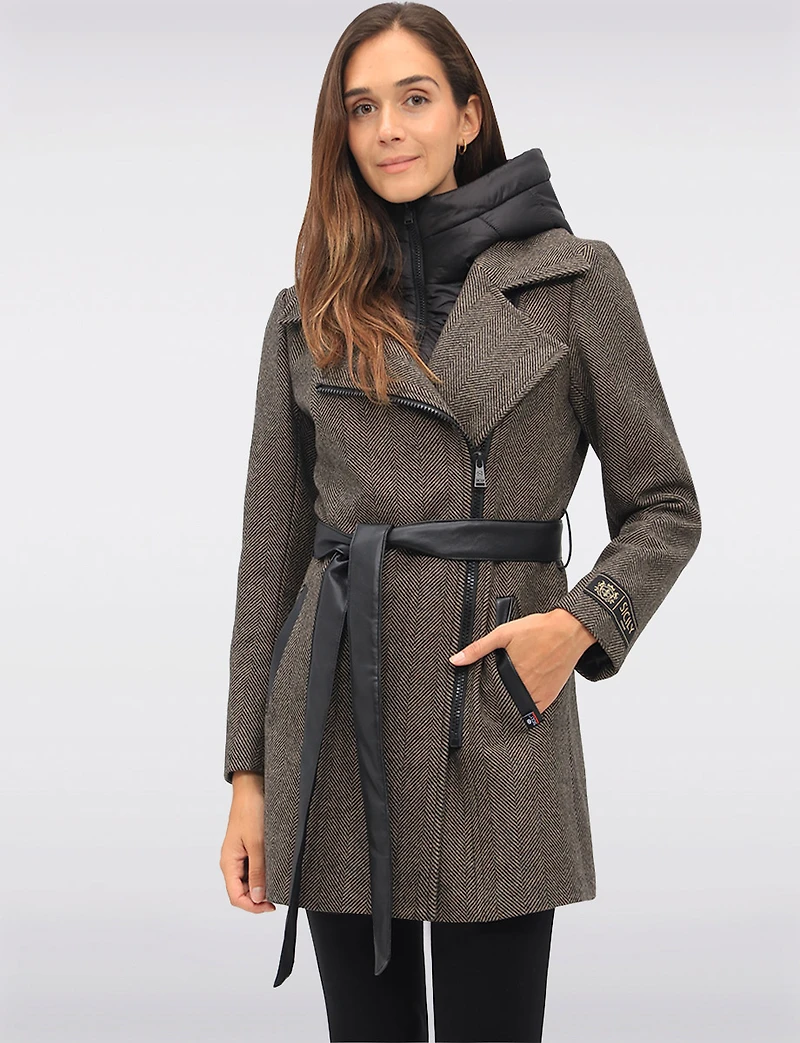 Removable Puffer Hood & Vegan Leather Belt Herringbone Wool Blend Coat by Sicily