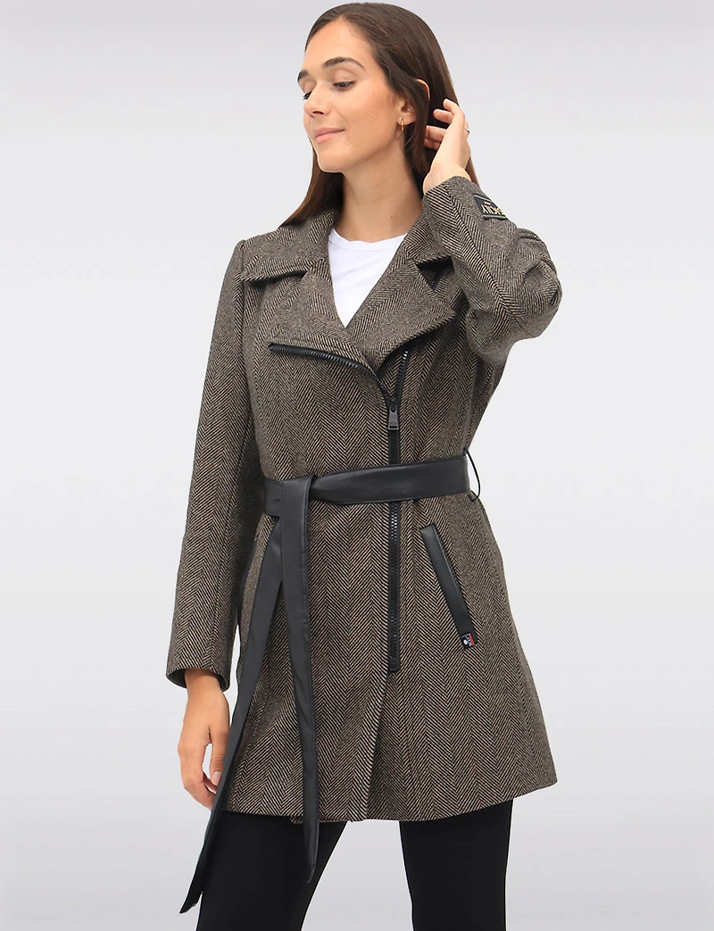 Removable Puffer Hood & Vegan Leather Belt Herringbone Wool Blend Coat by Sicily