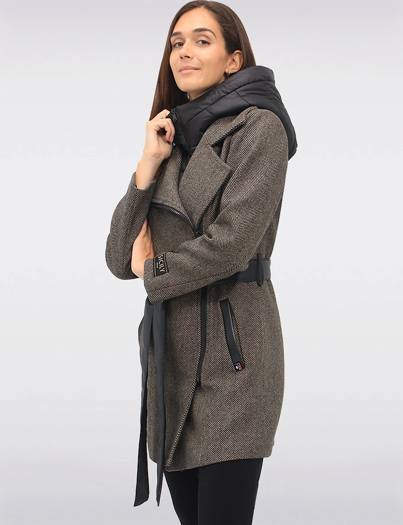 Removable Puffer Hood & Vegan Leather Belt Herringbone Wool Blend Coat by Sicily