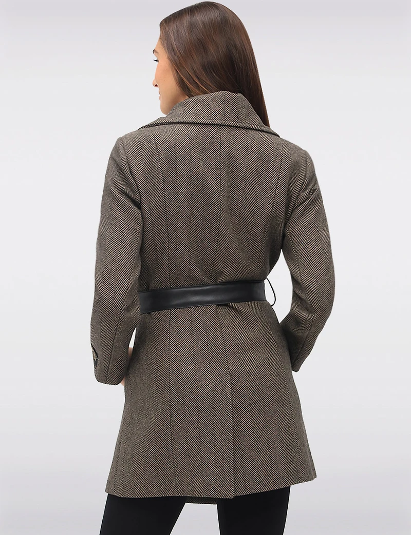 Removable Puffer Hood & Vegan Leather Belt Herringbone Wool Blend Coat by Sicily