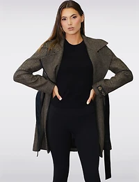 Removable Puffer Hood & Vegan Leather Belt Herringbone Wool Blend Coat by Sicily