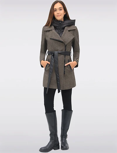 Removable Puffer Hood & Vegan Leather Belt Herringbone Wool Blend Coat by Sicily