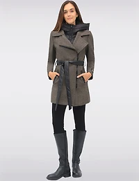 Removable Puffer Hood & Vegan Leather Belt Herringbone Wool Blend Coat by Sicily