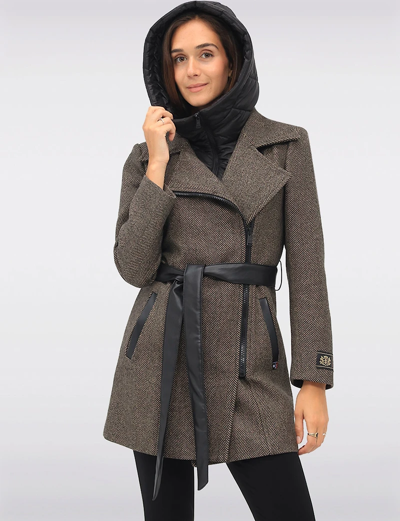 Removable Puffer Hood & Vegan Leather Belt Herringbone Wool Blend Coat by Sicily