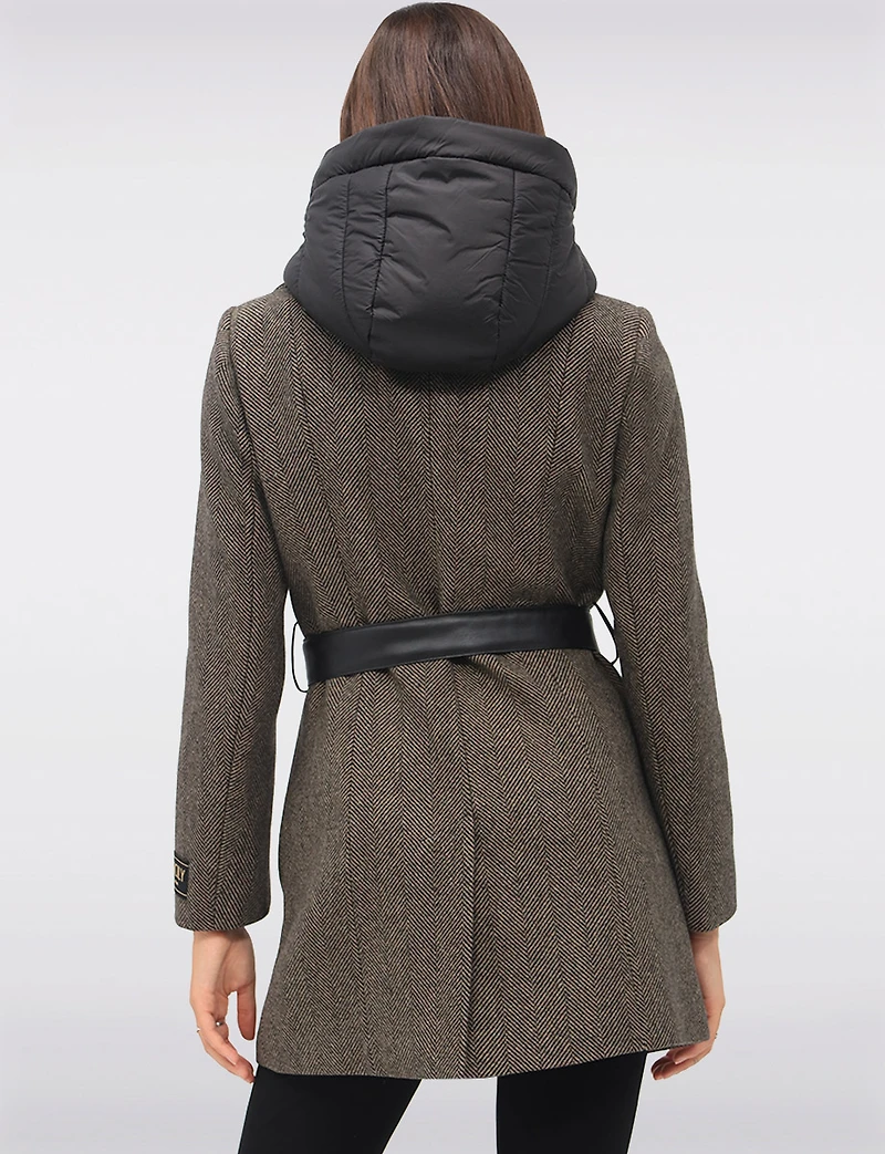 Removable Puffer Hood & Vegan Leather Belt Herringbone Wool Blend Coat by Sicily