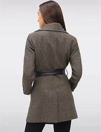 Removable Puffer Hood & Vegan Leather Belt Herringbone Wool Blend Coat by Sicily