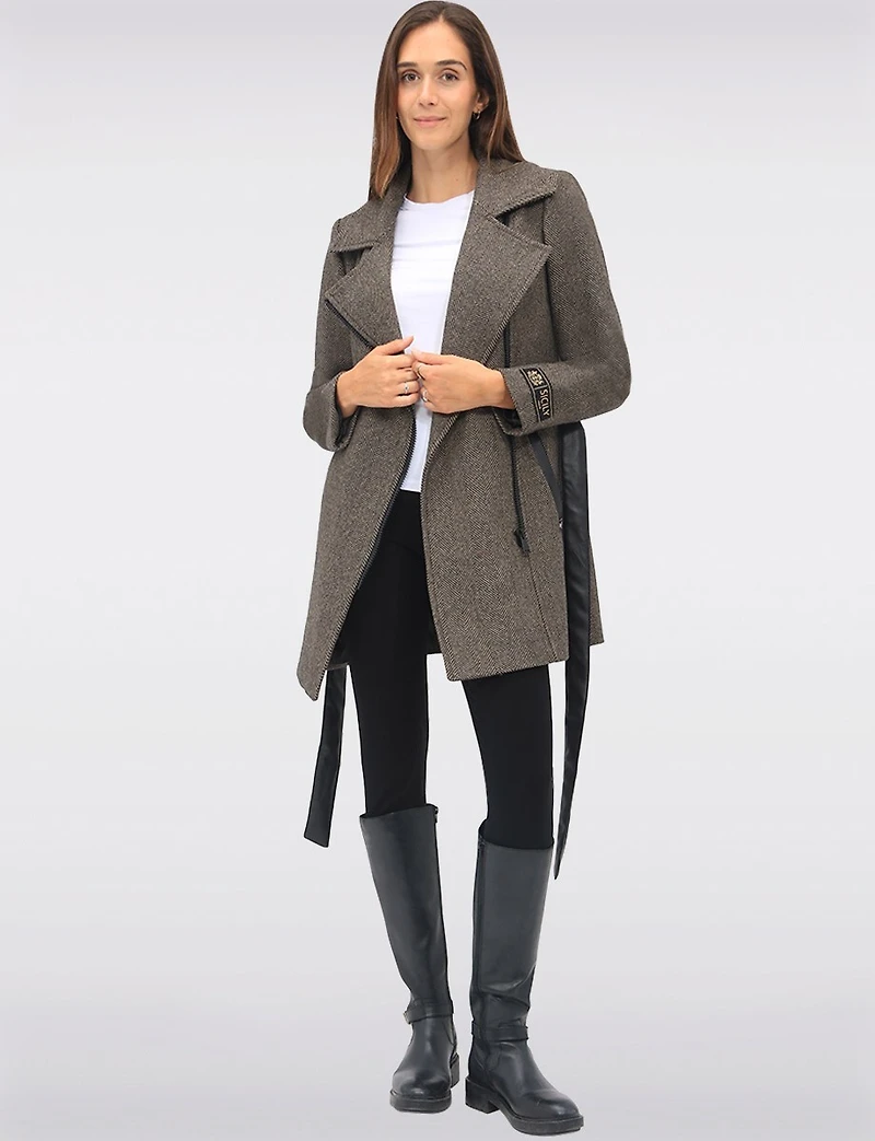 Removable Puffer Hood & Vegan Leather Belt Herringbone Wool Blend Coat by Sicily