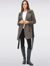 Removable Puffer Hood & Vegan Leather Belt Herringbone Wool Blend Coat by Sicily