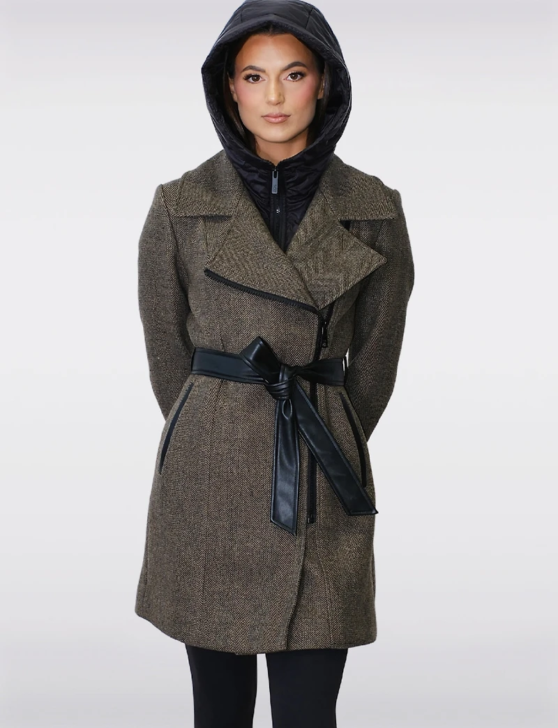 Removable Puffer Hood & Vegan Leather Belt Herringbone Wool Blend Coat by Sicily