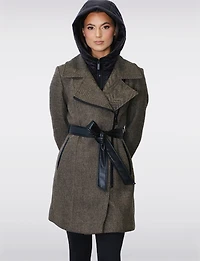 Removable Puffer Hood & Vegan Leather Belt Herringbone Wool Blend Coat by Sicily