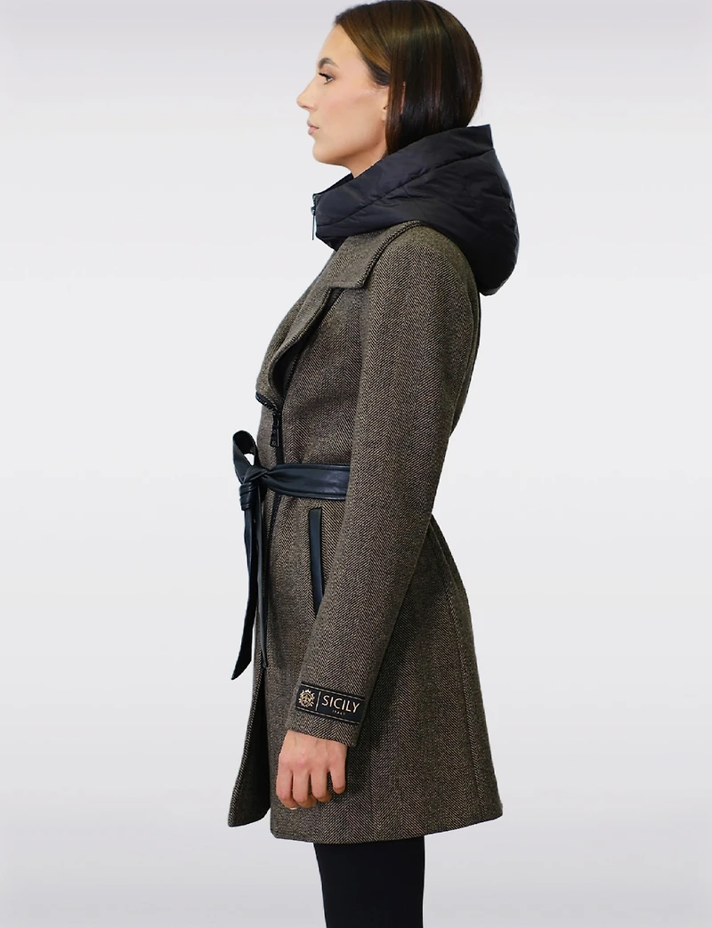 Removable Puffer Hood & Vegan Leather Belt Herringbone Wool Blend Coat by Sicily