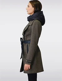 Removable Puffer Hood & Vegan Leather Belt Herringbone Wool Blend Coat by Sicily