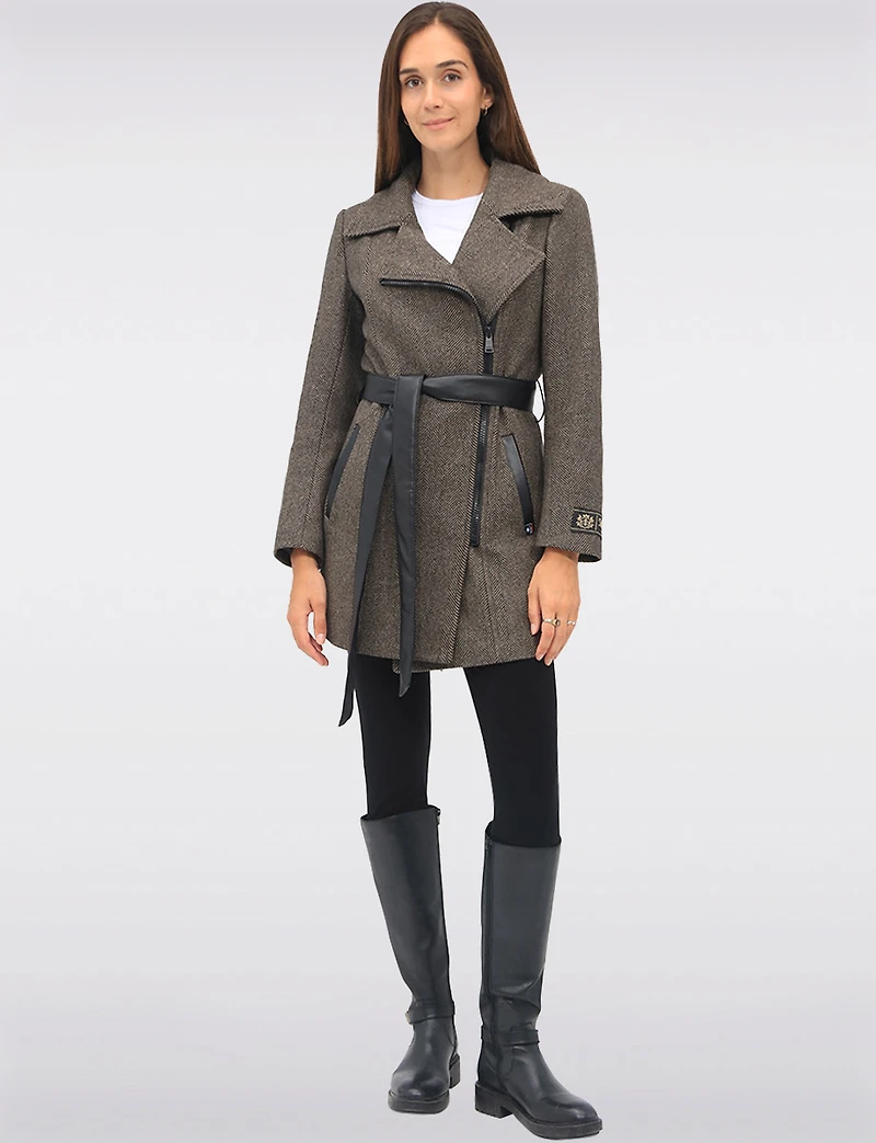 Removable Puffer Hood & Vegan Leather Belt Herringbone Wool Blend Coat by Sicily