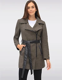 Removable Puffer Hood & Vegan Leather Belt Herringbone Wool Blend Coat by Sicily