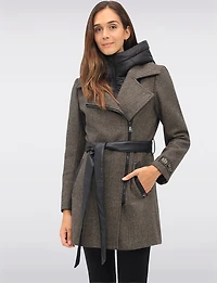 Removable Puffer Hood & Vegan Leather Belt Herringbone Wool Blend Coat by Sicily