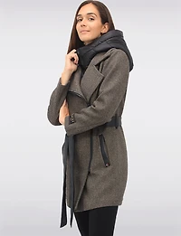 Removable Puffer Hood & Vegan Leather Belt Herringbone Wool Blend Coat by Sicily