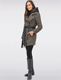 Removable Puffer Hood & Vegan Leather Belt Herringbone Wool Blend Coat by Sicily