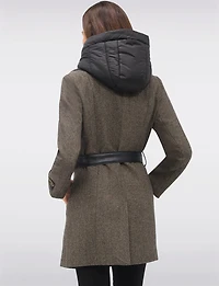 Removable Puffer Hood & Vegan Leather Belt Herringbone Wool Blend Coat by Sicily