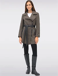 Removable Puffer Hood & Vegan Leather Belt Herringbone Wool Blend Coat by Sicily