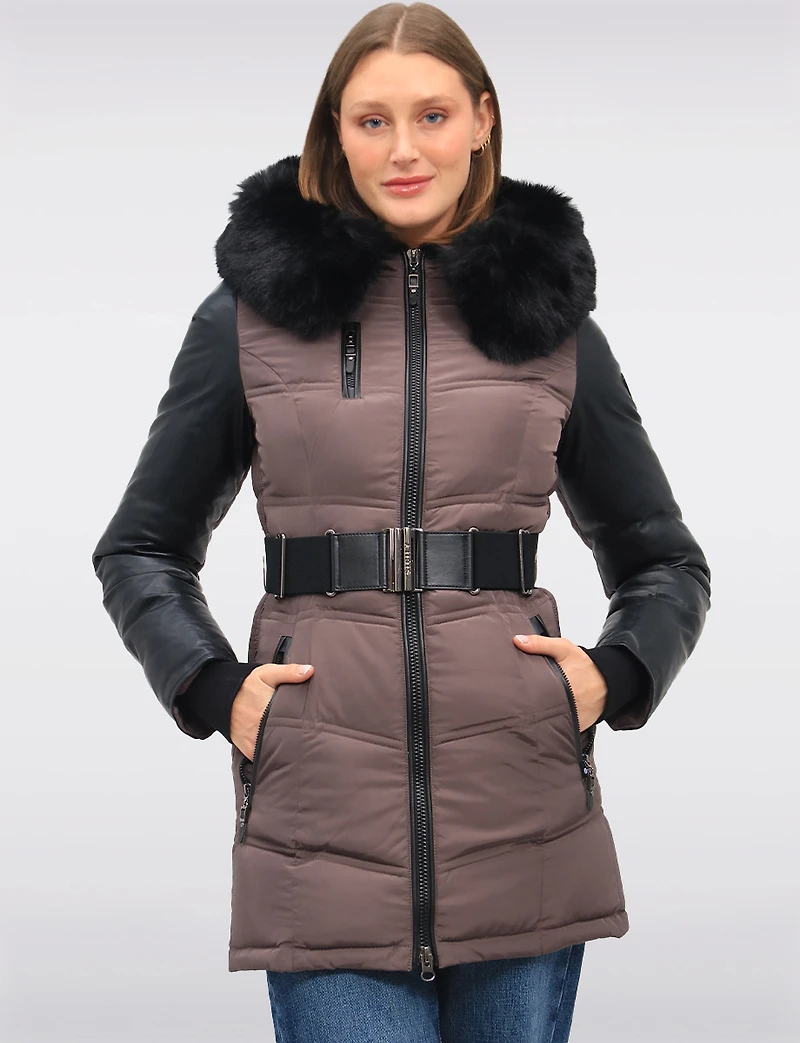Soft Touch Vegan Luxury Puffer Jacket with Faux Fur Trim Hood by Sicily