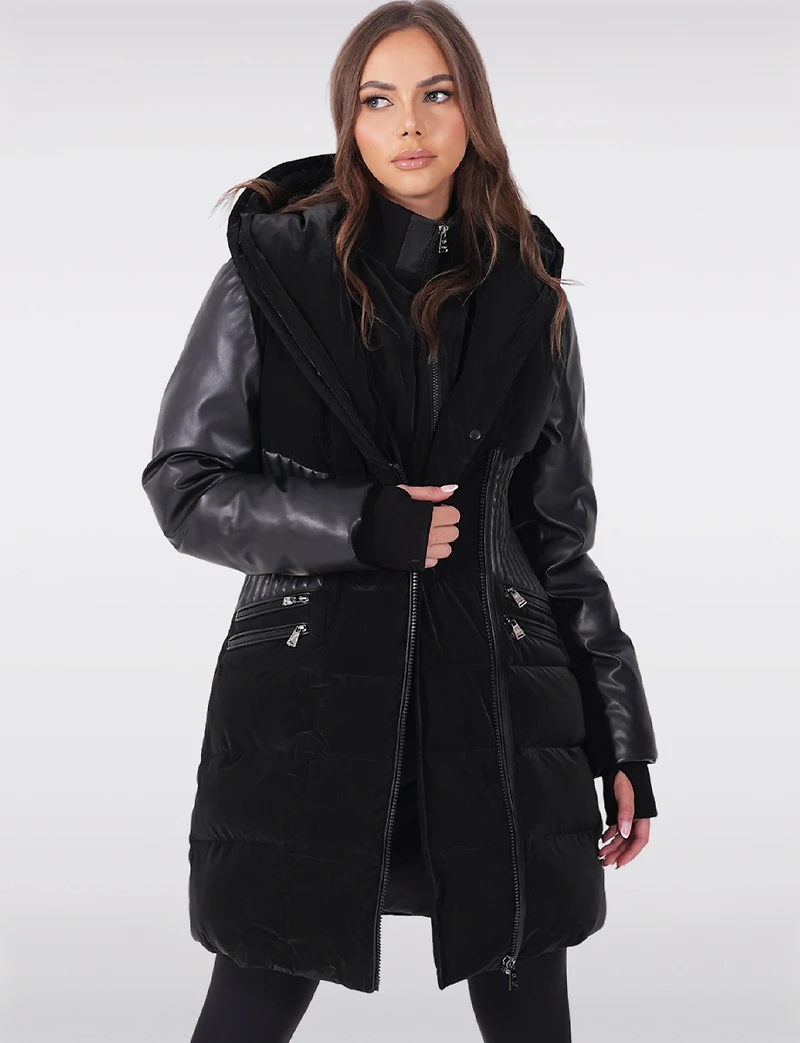 Tailored Luxury Coat - Vegan Leather Waist Detail & Faux Fur Trim Hood by Sicily