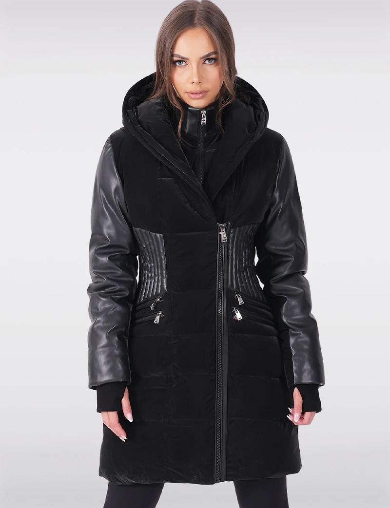 Tailored Luxury Coat - Vegan Leather Waist Detail & Faux Fur Trim Hood by Sicily