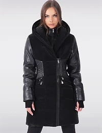 Tailored Luxury Coat - Vegan Leather Waist Detail & Faux Fur Trim Hood by Sicily
