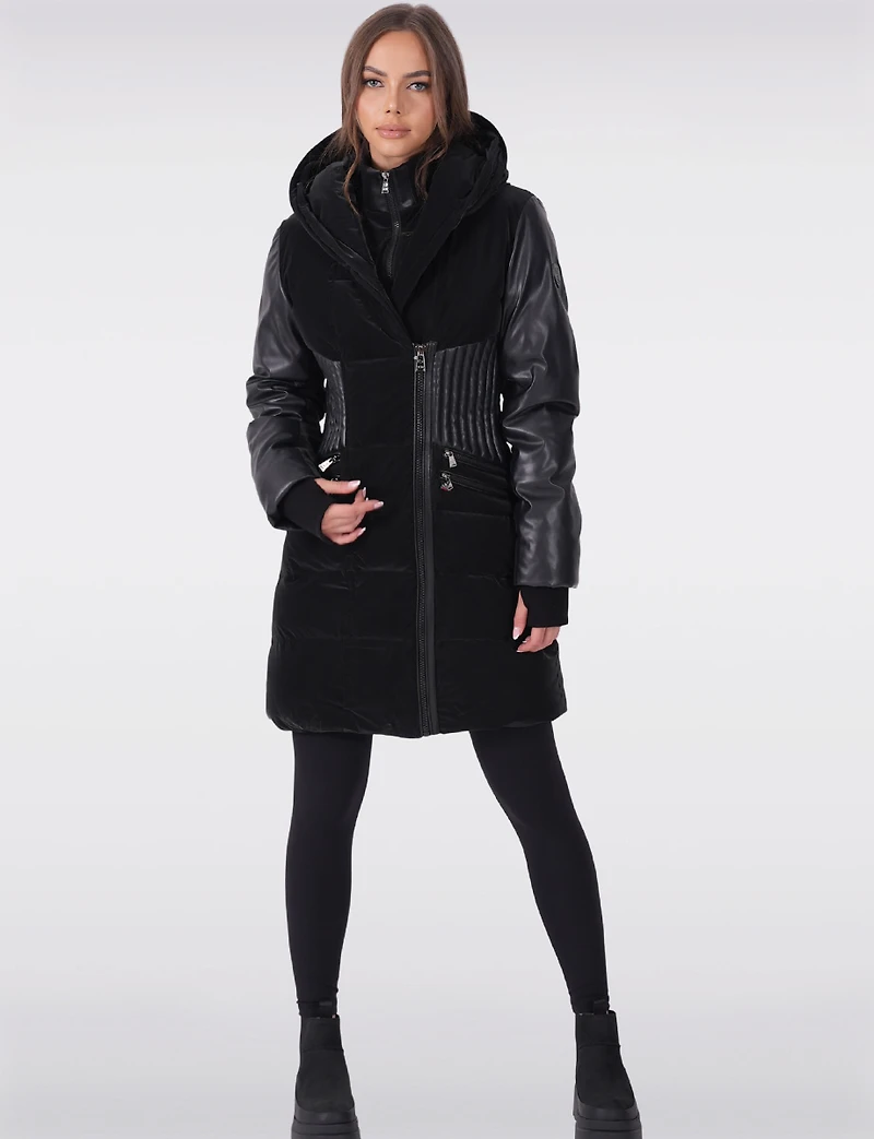 Tailored Luxury Coat - Vegan Leather Waist Detail & Faux Fur Trim Hood by Sicily