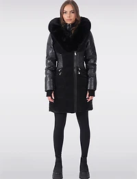 Tailored Luxury Coat - Vegan Leather Waist Detail & Faux Fur Trim Hood by Sicily