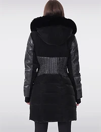 Tailored Luxury Coat - Vegan Leather Waist Detail & Faux Fur Trim Hood by Sicily